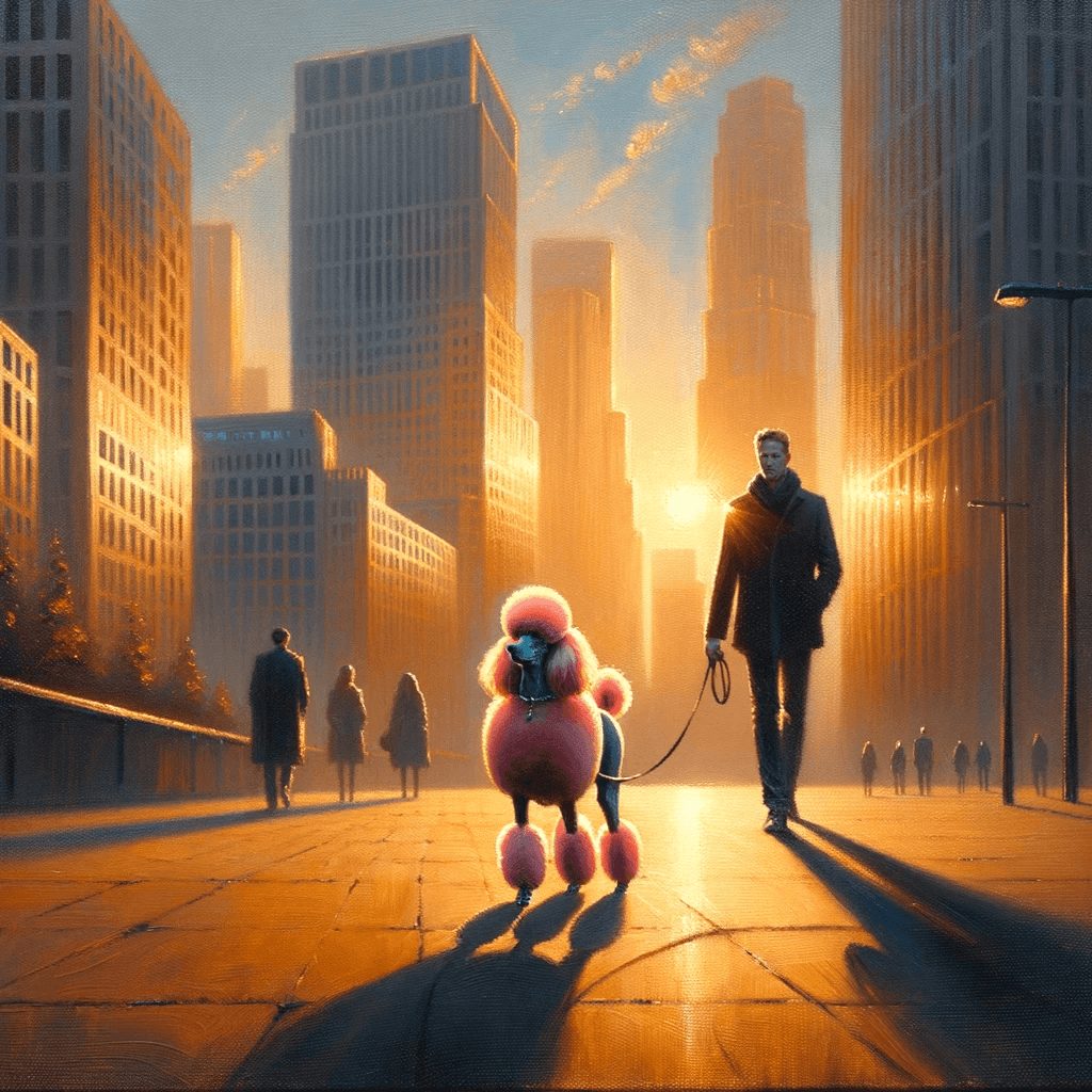 Warm golden hour light illuminates a cityscape in an oil painting. The main focus is a person walking a standard Poodle that has a unique pink tint. The leash in the person's hand connects them to the dog. Towering buildings stand tall on both sides, and distant figures of other people provide a backdrop, with their shadows stretching on the ground.
